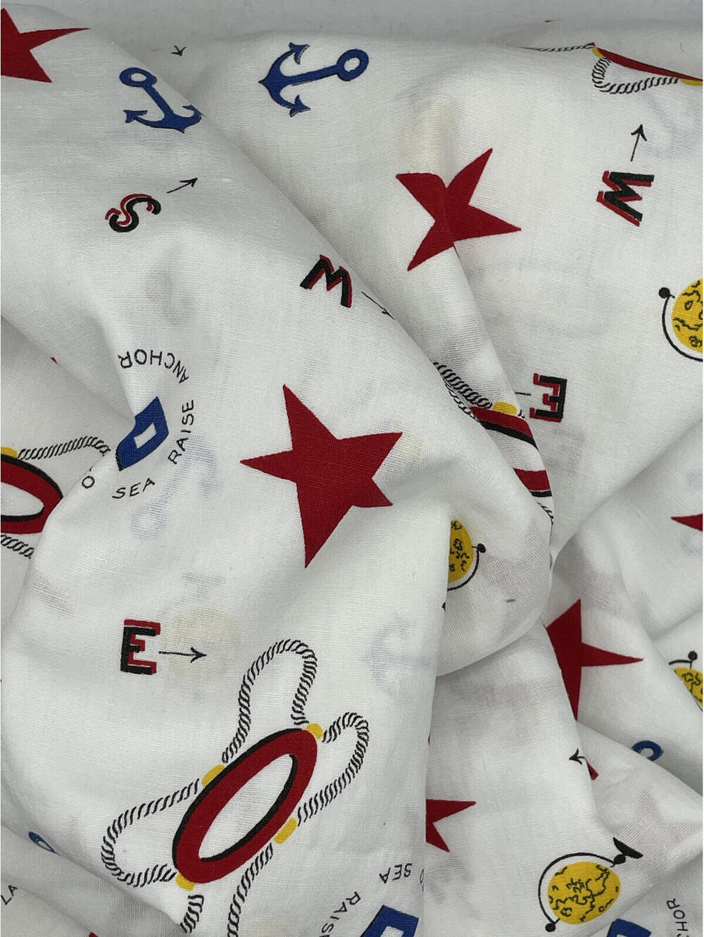 Vintage Nautical Cotton Fabric: Anchors, Stars Print, 6 Yards